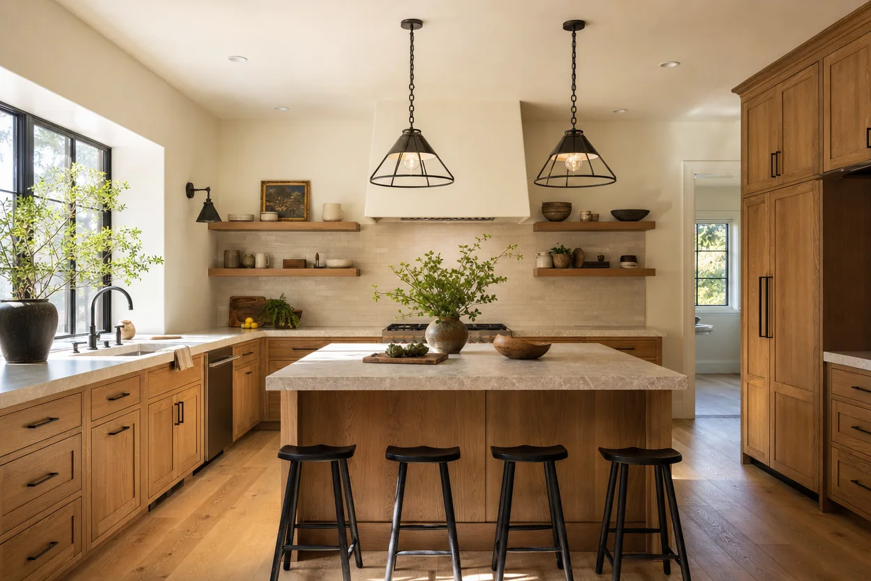 Renovated oak and stone kitchen interior